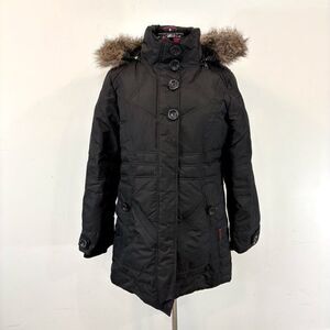 Roots 73 Faux Fur Black Down Parka Puffer Jacket Winter Coat sz L